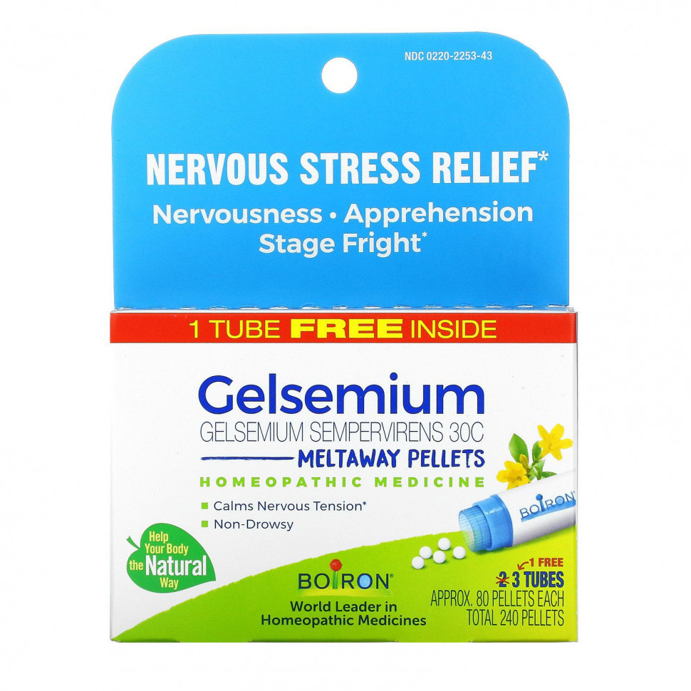  Boiron, Gelsemium, Nervous Stress Relief, Meltaway Pellets, 3 Tubes, Approx. 80 Pellets Each    -     , -, 