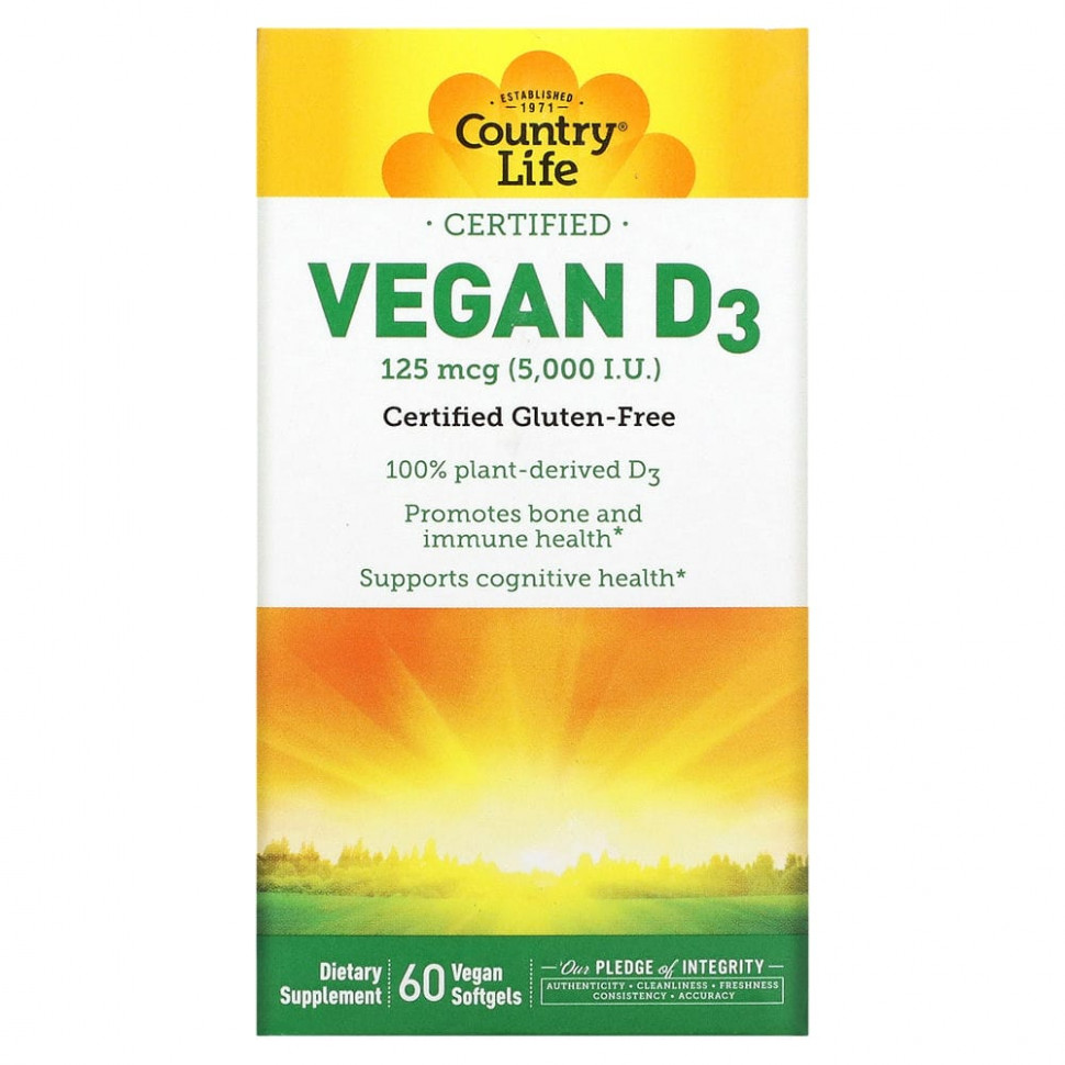  Country Life, Vegan D3, 125 mcg (5,000 IU), 60 Vegan Softgels    -     , -, 