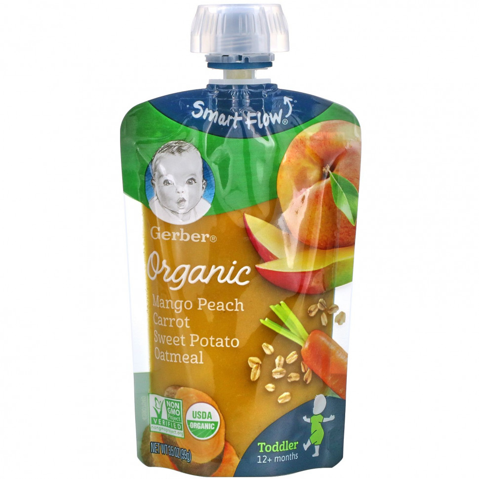  Gerber, Organic Mango, Peach, Carrot, Sweet Potato, Oatmeal, Toddler, 12+ Months, 3.5 oz (99 g)    -     , -, 