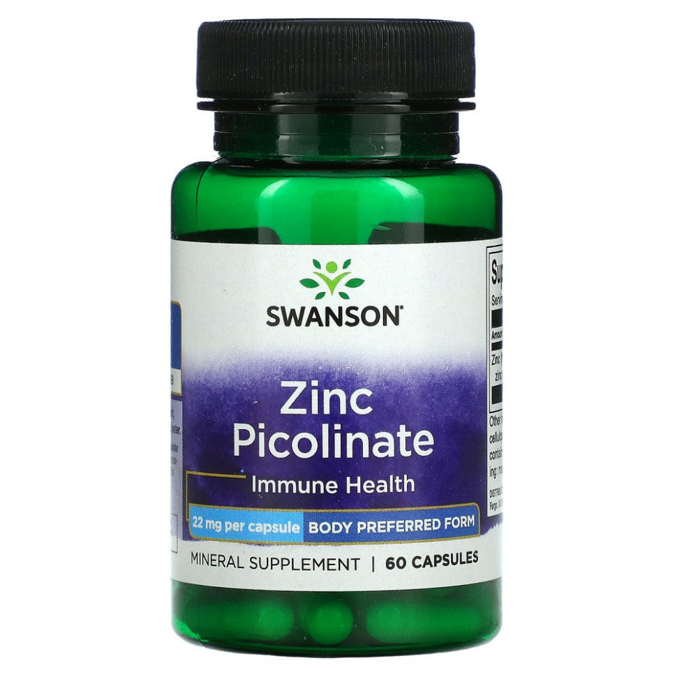  Swanson, Zinc Picolinate, Immune Health, 22 mg, 60 Capsules    -     , -, 