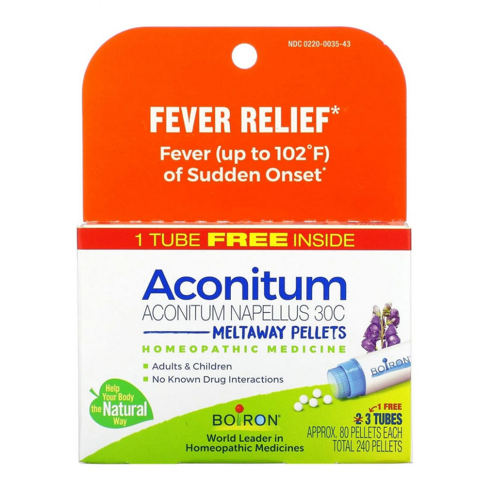  Boiron, Aconitum, Fever Relief, Meltaway Pellets, 3 Tubes, 80 Pellets Each    -     , -, 