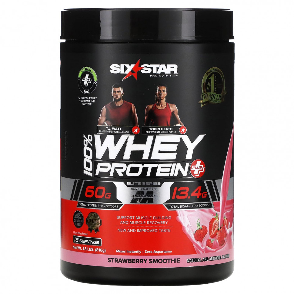  SIXSTAR, Elite Series, 100% Whey Protein Plus, Strawberry Smoothie, 1.8 lbs (816 g)    -     , -, 