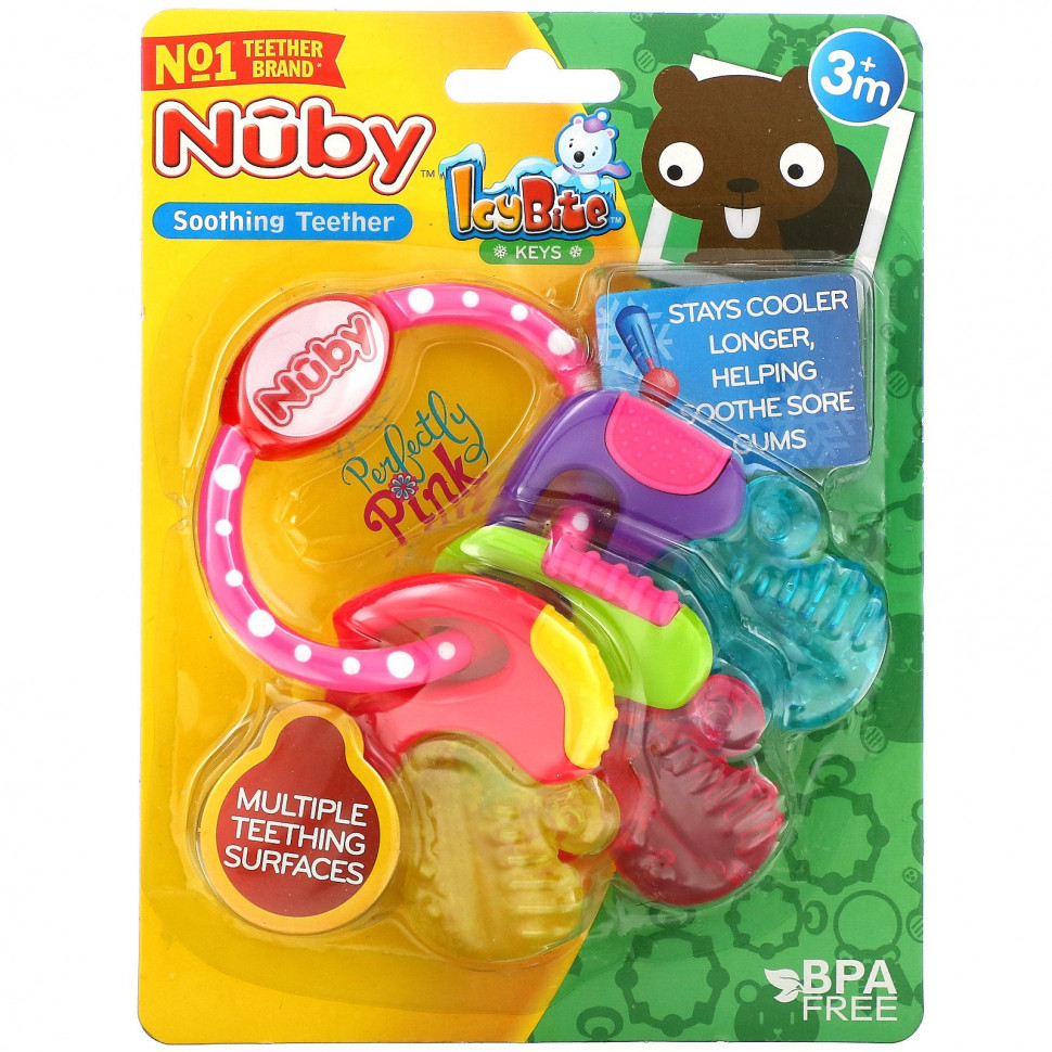  Nuby, Soothing Teether, Icy Bite Keys, 3+ Months, Perfectly Pink, 1 Count  Iherb ()  