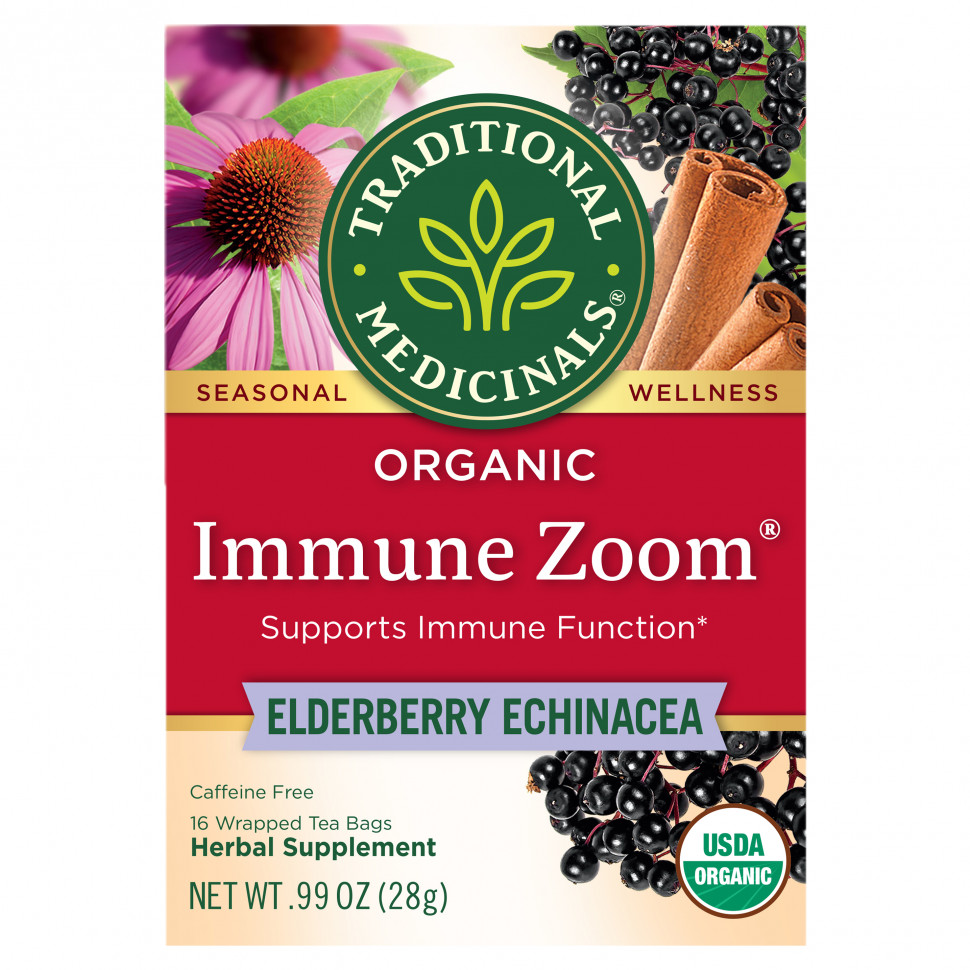  Traditional Medicinals, Organic Immune Zoom, Elderberry Echinacea, Caffeine Free, 16 Wrapped Tea Bags, 0.06 oz (1.75 g) Each    -     , -, 