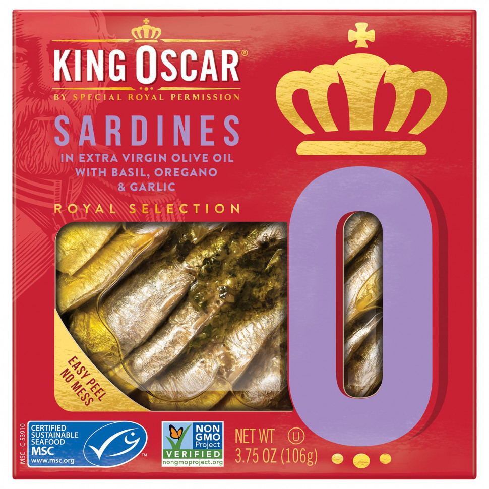  King Oscar, Sardines In Extra Virgin Olive Oil with Basil, Oregano & Garlic, 3.75 oz ( 106 g)    -     , -, 