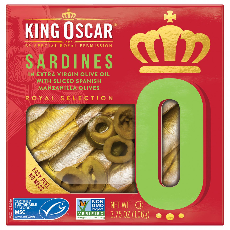  King Oscar, Sardines In Extra Virgin Olive Oil With Sliced Spanish Manzanilla Olives, 3.75 oz ( 106 g)    -     , -, 