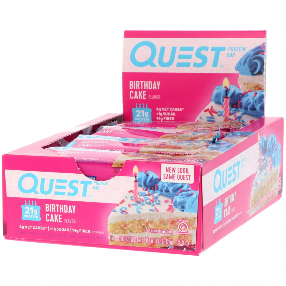  Quest Nutrition, Quest Protein Bar, Birthday Cake, 12 Pack, 2.12 oz (60 g) Each    -     , -, 