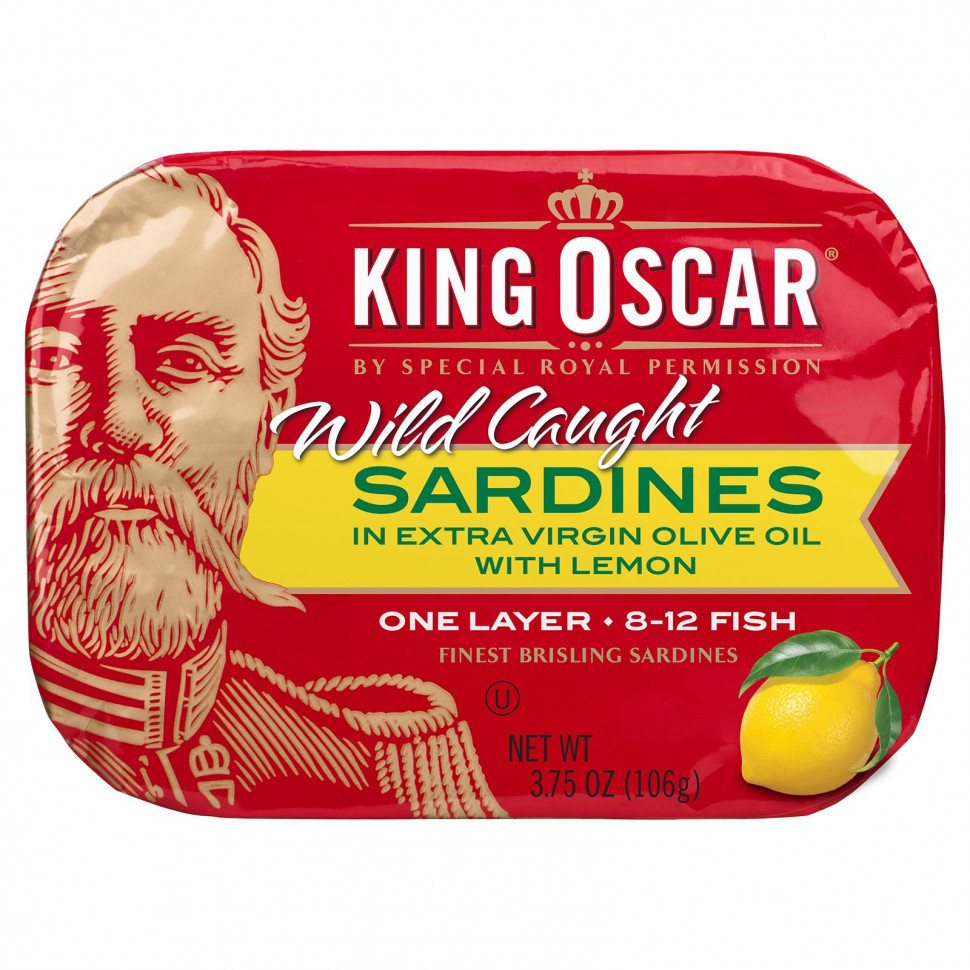  King Oscar, Wild Caught, Sardines In Extra Virgin Olive Oil With Lemon, 3.75 oz (106 g)    -     , -, 