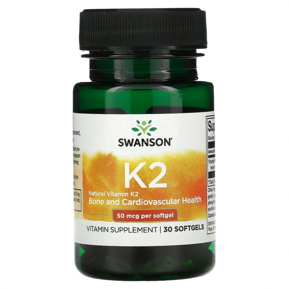  Swanson, Natural Vitamin K2, Bone and Cardiovascular, 50 mcg, 30 Softgels    -     , -, 