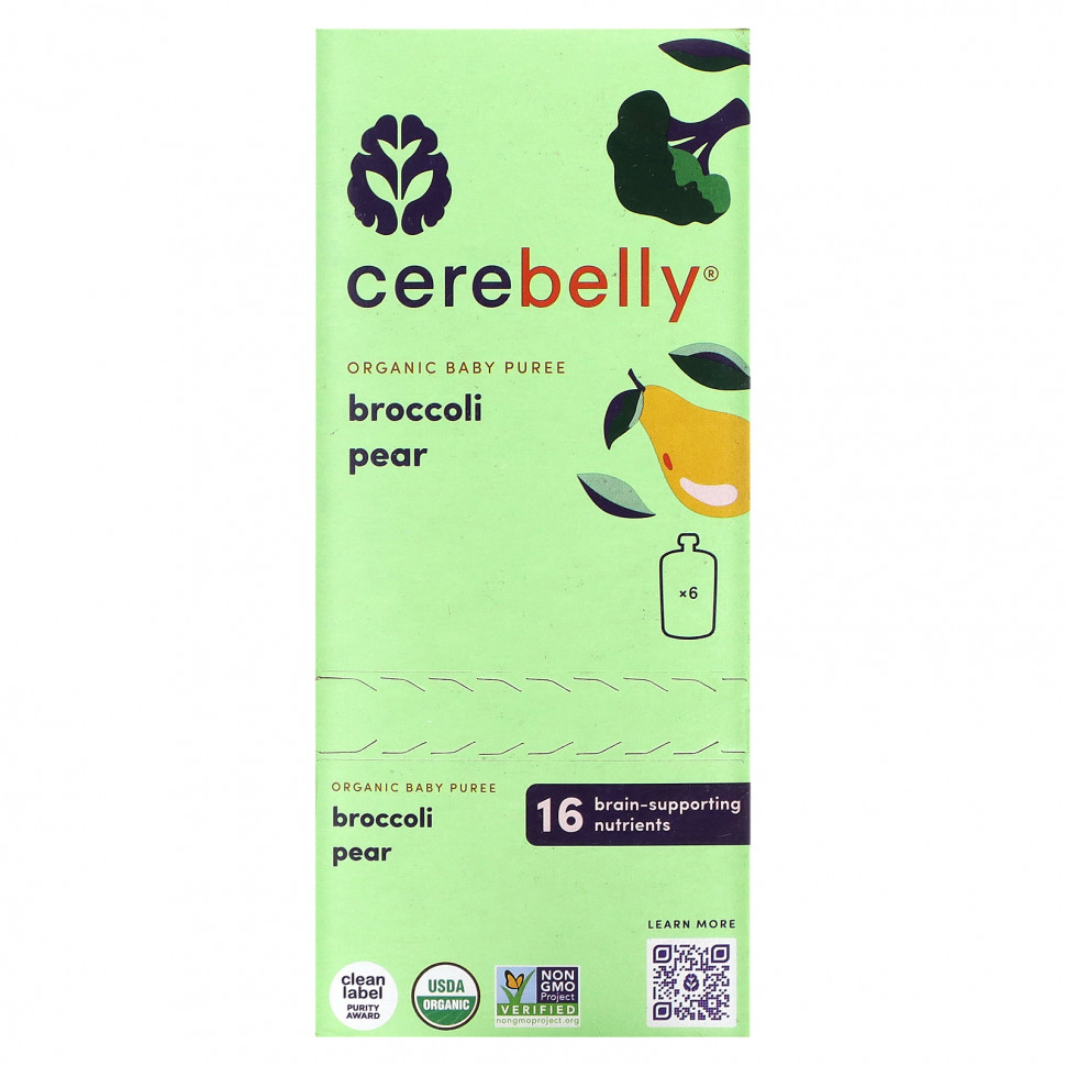  Cerebelly, Organic Baby Puree, Broccoli Pear, 6 Pouches, 4 oz (113 g) Each    -     , -, 