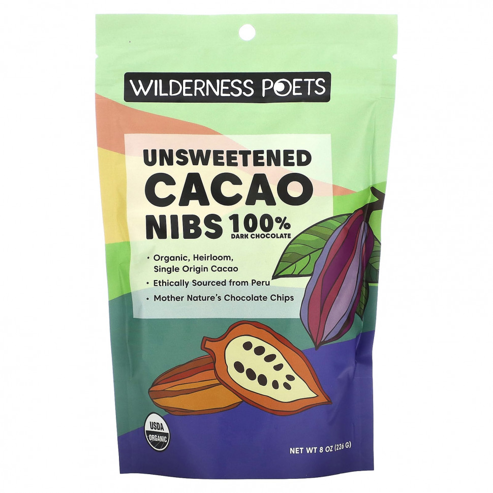  Wilderness Poets, Unsweetened Cacao Nibs, Dark Chocolate, 8 oz (226 g)    -     , -, 