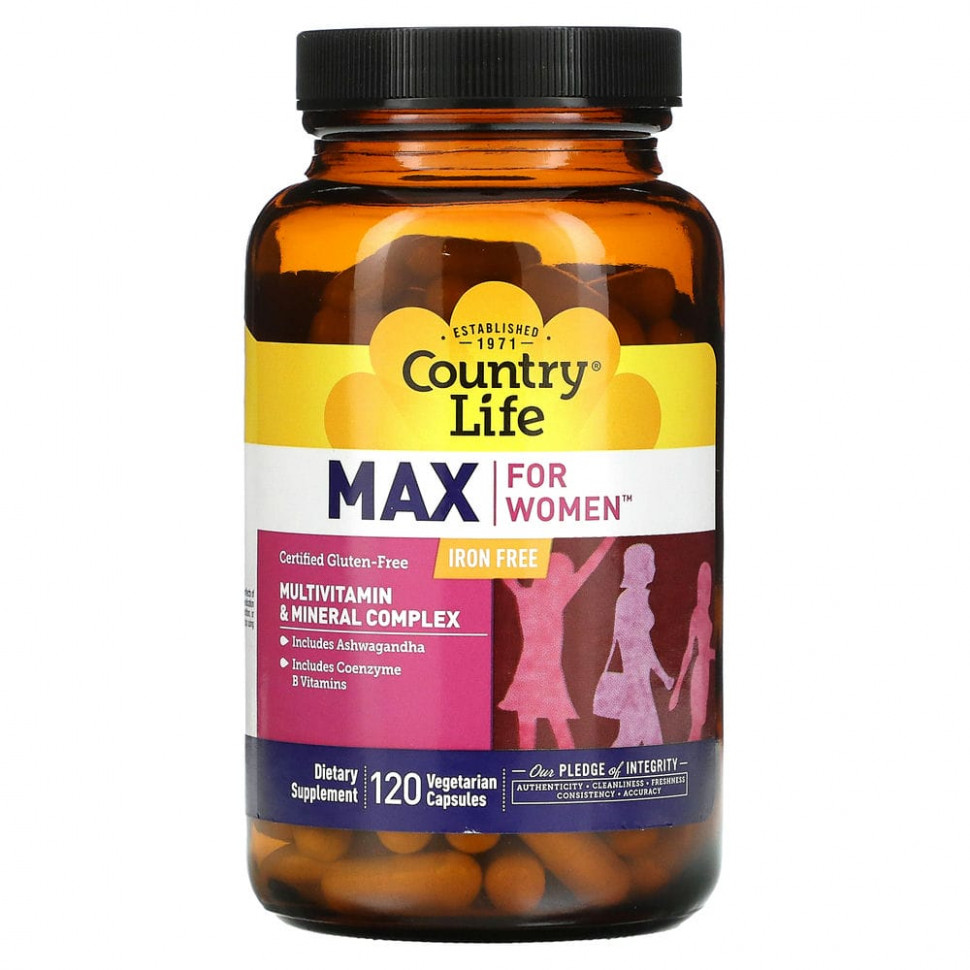  Country Life, Max for Women, Multivitamin & Mineral Complex, Iron Free, 120 Veggie Caps    -     , -, 