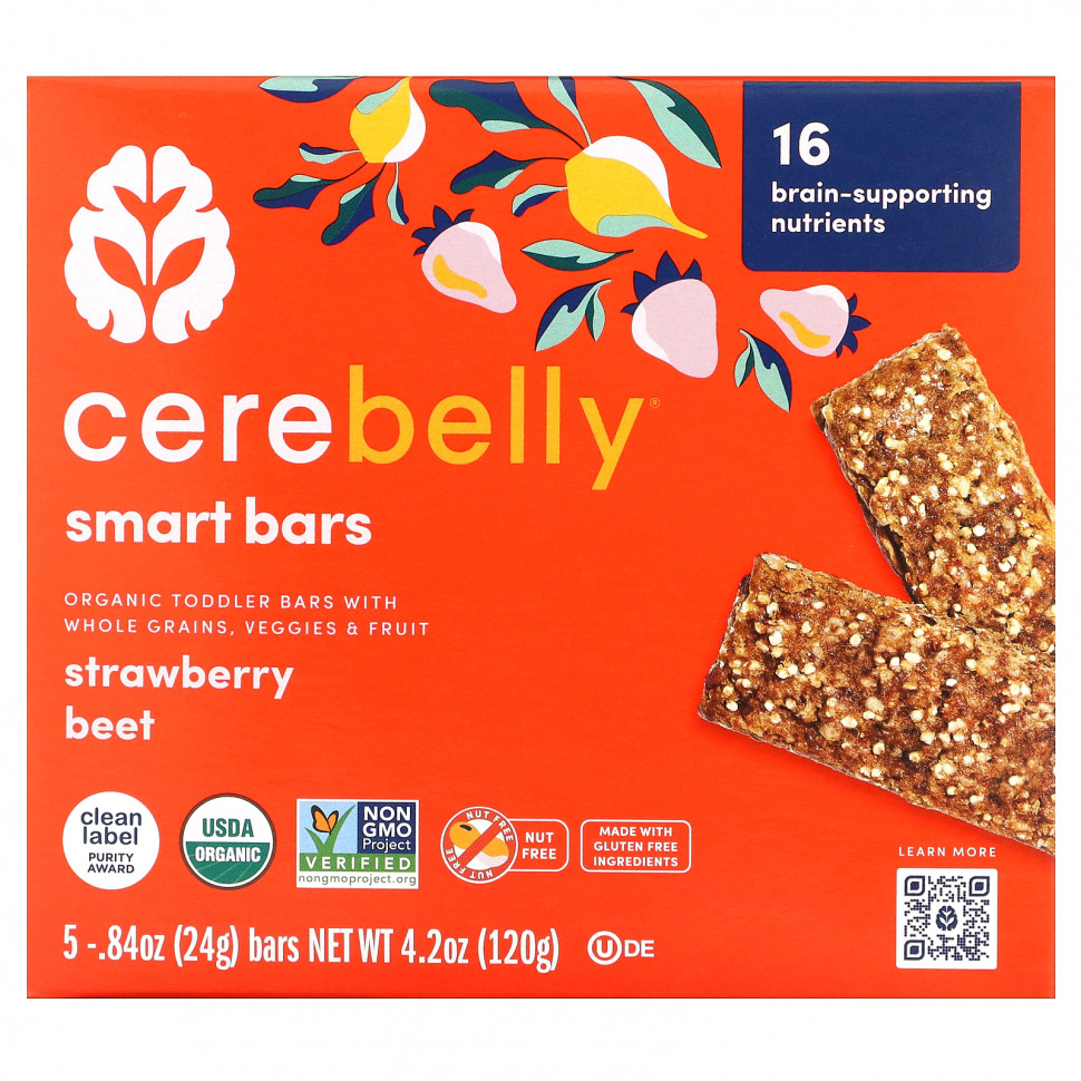  Cerebelly, Smart Bars, Organic Toddler Bars, Strawberry Beet, 5 Bars, 0.84 oz (24 g) Each    -     , -, 