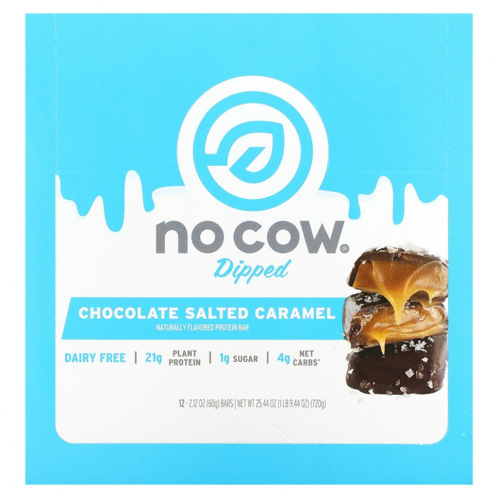  No Cow, Dipped Protein Bar, Chocolate Salted Caramel, 12 Bars, 2.12 oz (60 g) Each    -     , -, 