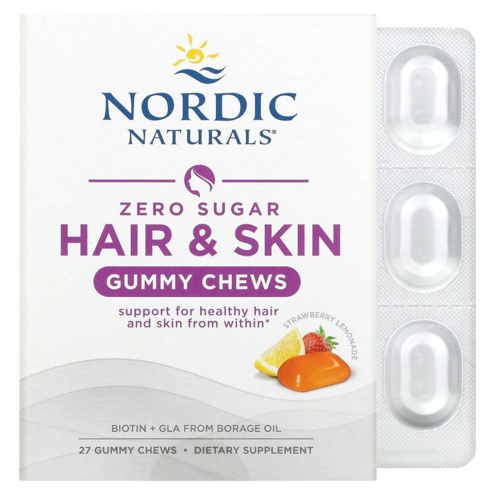  Nordic Naturals, Zero Sugar Hair & Skin Gummy Chews, Strawberry Lemonade, 27 Gummy Chews    -     , -, 