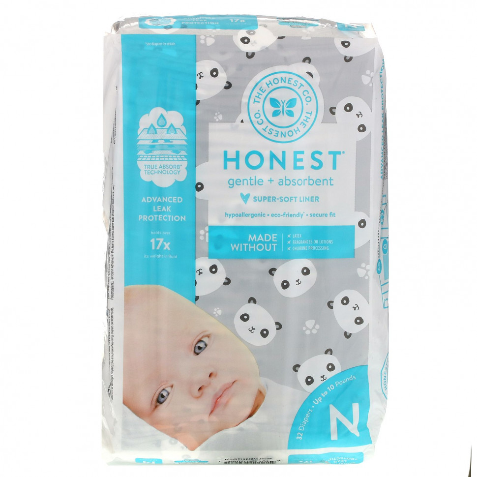  The Honest Company, Honest Diapers, Super-Soft Liner, Newborn, Pandas, Up to 10 Pounds, 32 Diapers    -     , -, 