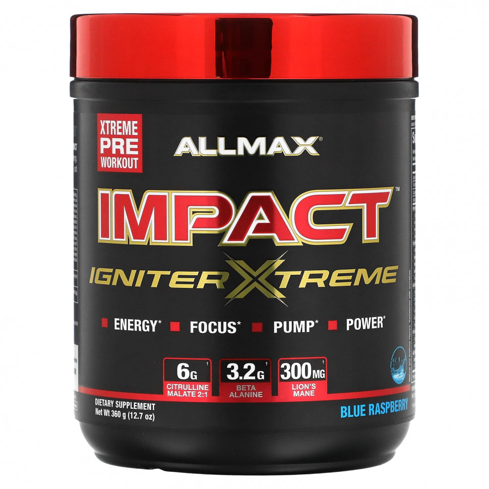  ALLMAX, IMPACT Igniter Xtreme, Pre-Workout, Blue Raspberry, 12.7 oz (360 g)    -     , -, 