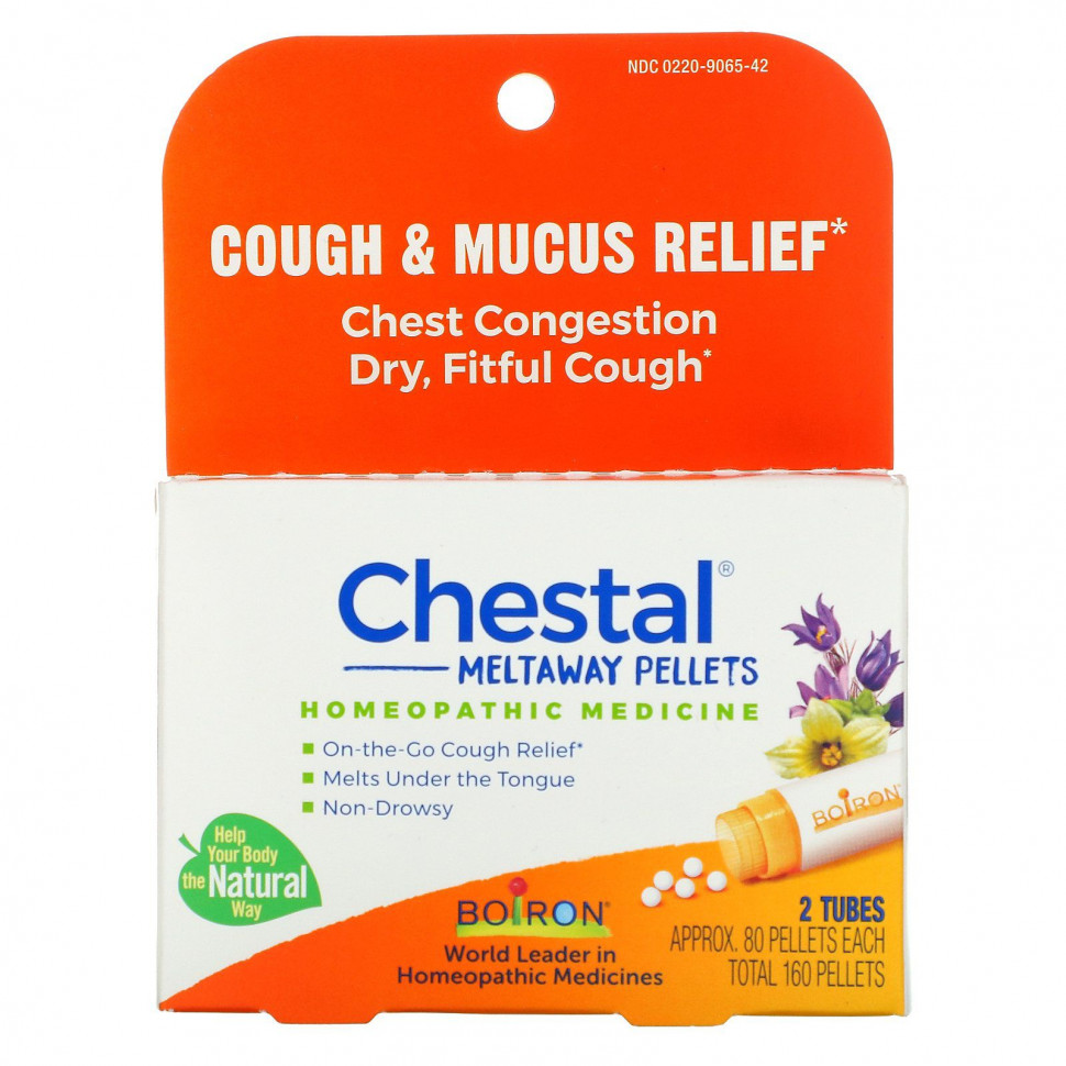  Boiron, Chestal Meltaway Pellets, Cough & Mucus Relief, 2 Tubes, Approx 80 Pellets Each    -     , -, 