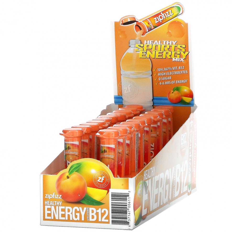  Zipfizz, Healthy Energy Mix With Vitamin B12, Peach Mango, 20 Tubes, 0.39 oz (11 g) Each    -     , -, 