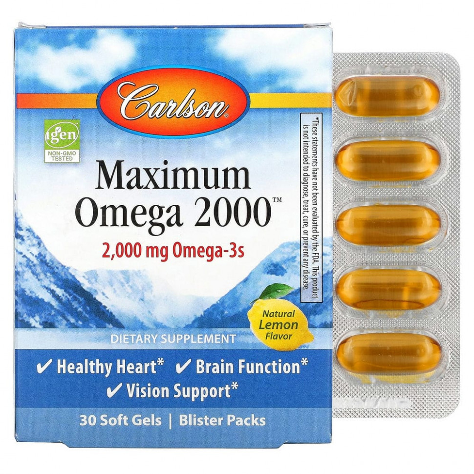  Carlson Labs, Maximum Omega 2000, Natural Lemon, 1,000 mg, 30 Softgels  Iherb ()  