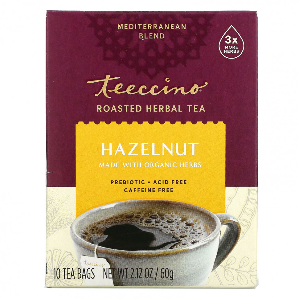  Teeccino, Roasted Herbal Tea, Hazelnut, Caffeine Free, 10 Tea Bags, 2.12 oz (60 g)    -     , -, 