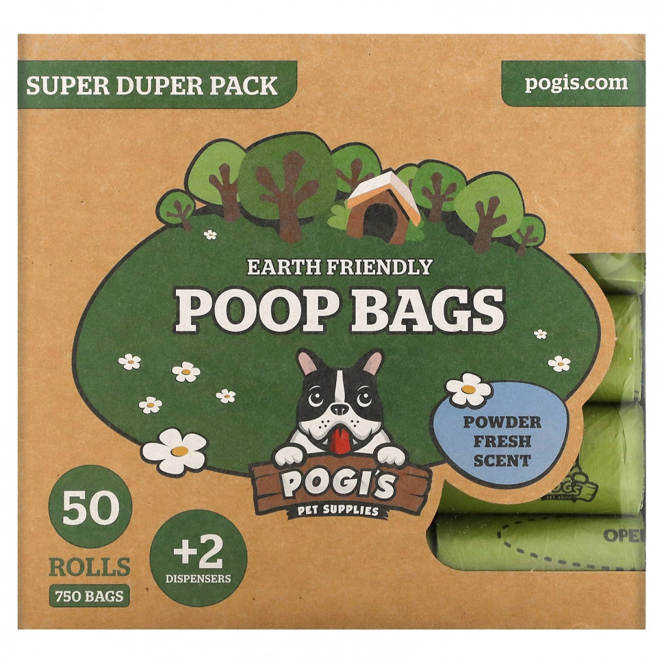 ���� Pogi's Pet Supplies, Earth Friendly Poop Bags, Super Duper Pack, Powder Fresh, 50 Rolls, 750 Bags, 2 Dispensers  Iherb (������) ������ ������