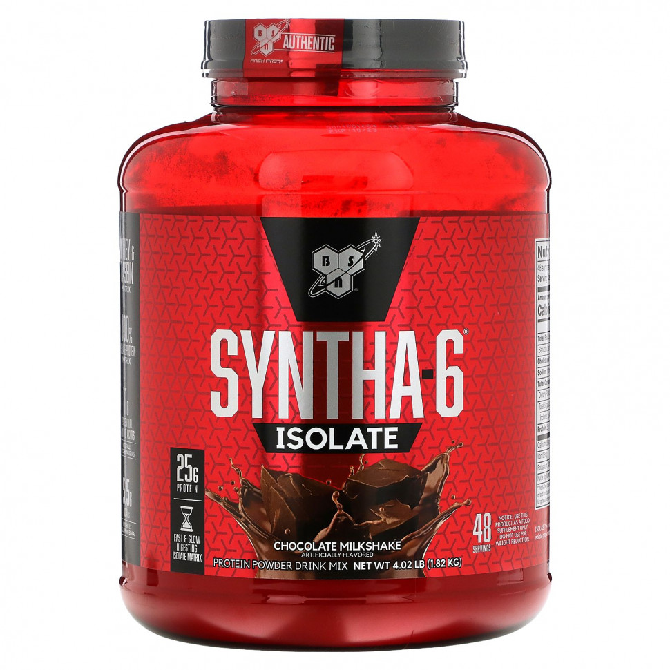  BSN, Syntha-6 Isolate, Protein Powder Drink Mix, Chocolate Milkshake, 4.02 lbs (1.82 kg)    -     , -, 