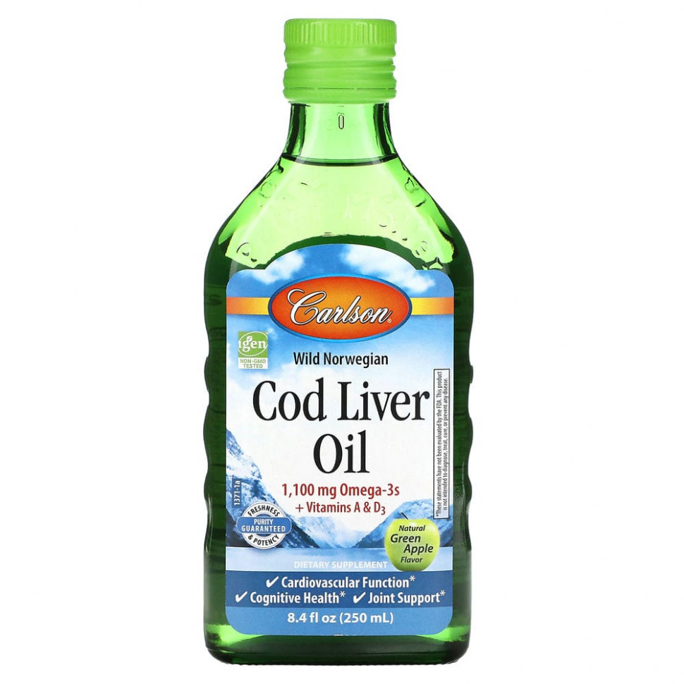  Carlson, Cod Liver Oil, Natural Green Apple , 1,100 mg, 8.4 fl oz (250 ml)    -     , -, 