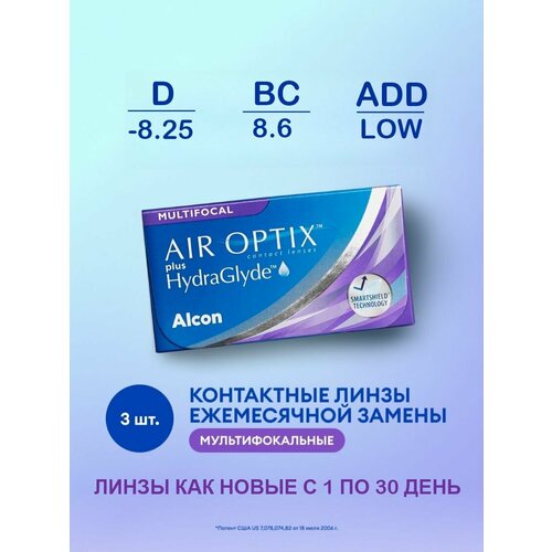 ���� ���������� ����� �� ����� Alcon Air Optix Plus HydraGlyde Multifocal, 3 ��., R 8,6, D -8,25, ADD: ������, 1 ��. ������ ������