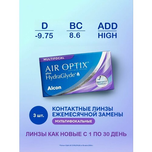 ���� ���������� ����� �� ����� Alcon Air Optix Plus HydraGlyde Multifocal, 3 ��., R 8,6, D -9,75, ADD: �������, 1 ��. ������ ������
