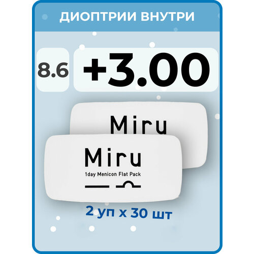 ���� ����������� ���������� ����� Menicon Miru 1day Flat Pack, 60 ��., R 8,6, D +3, 2 ��. ������ ������