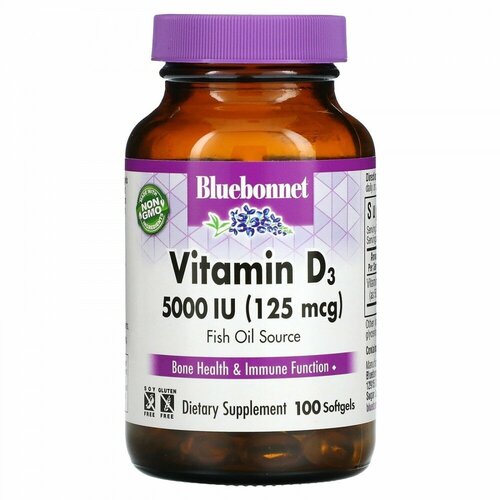  Bluebonnet Nutrition, Vitamin D3, 125 mcg (5,000 IU), 100 Softgels   -     , -, 