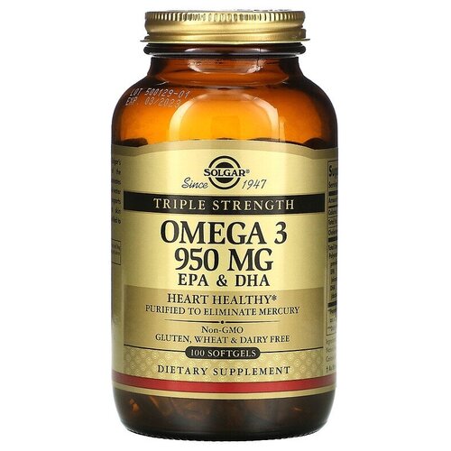 ���� Solgar, Omega 3, EPA & DHA, Triple Strength, 950 mg, �����-3, ��� � ���, ������� ������������, 950 ��, 100 ������ ������ ������